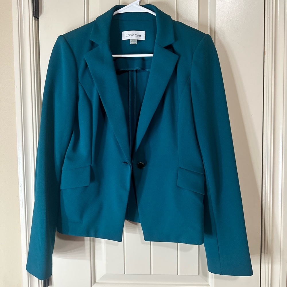 Calvin Klein Blazer Womens Teal Blue Gold Single Button Lined Stretch office 6p